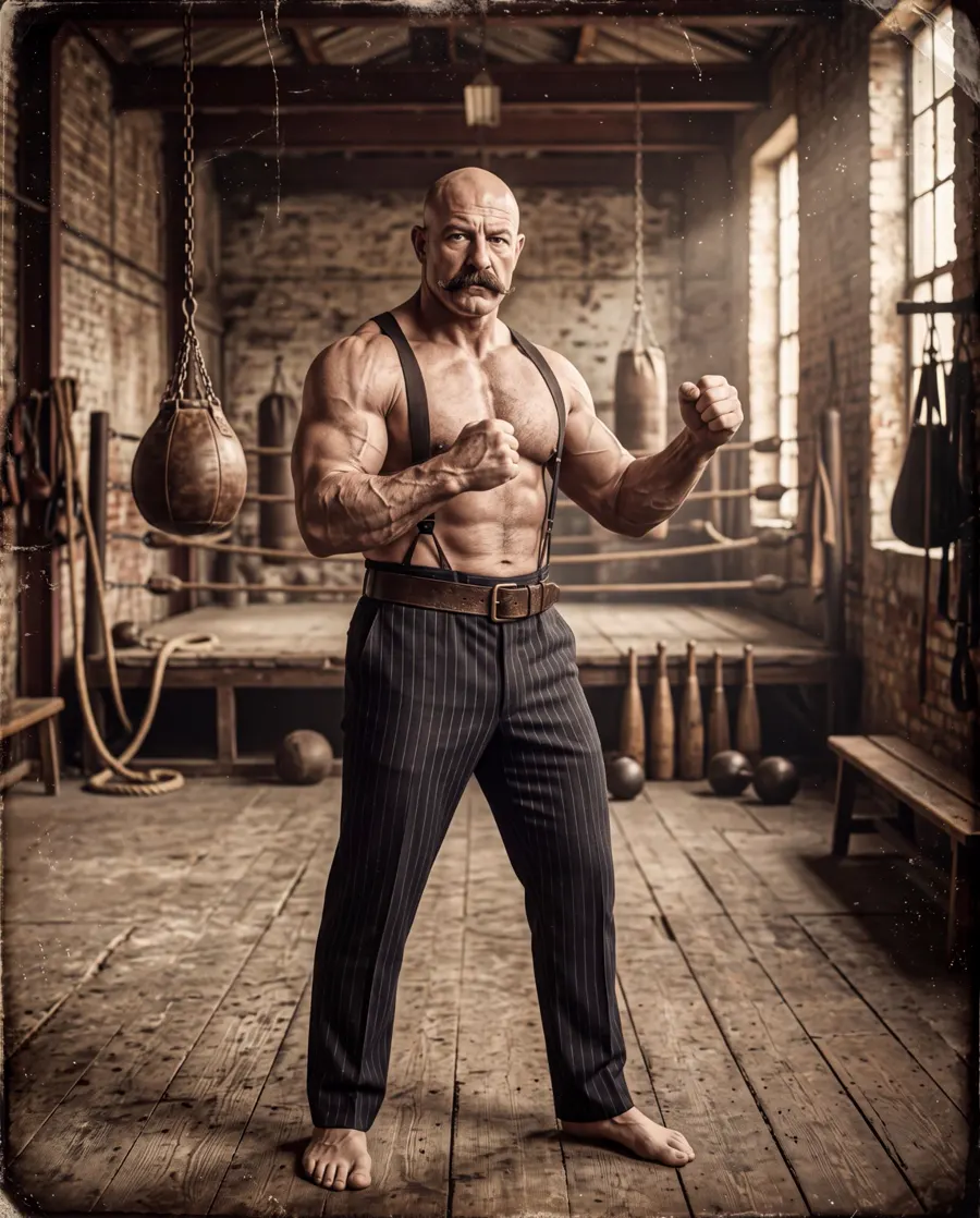 Old sepia photograph of Bartholomew Brawn in a bare-knuckle fighting stance