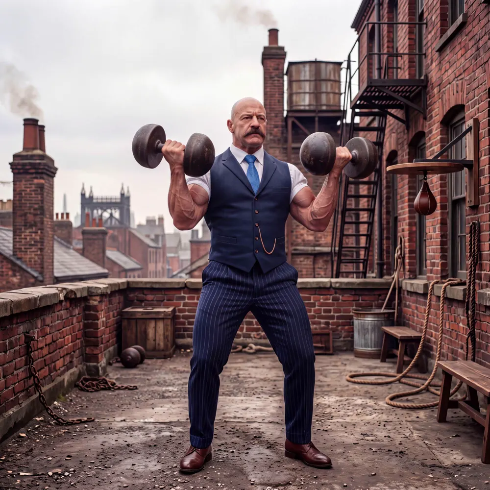 Bartholomew Brawn lifting two old iron dumbbells on a brick rooftop