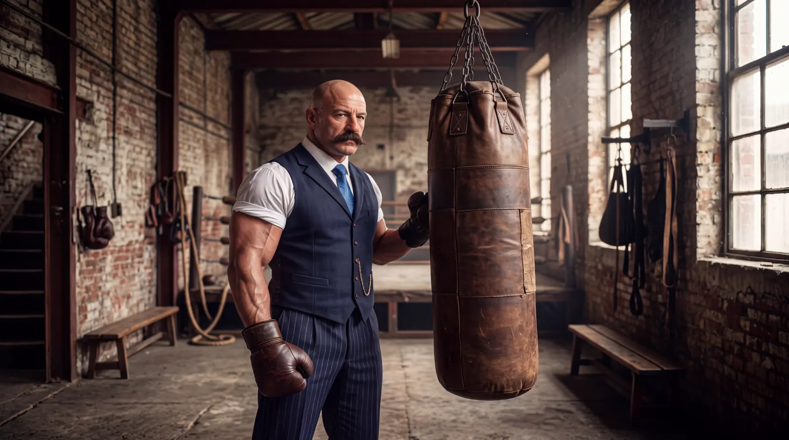 Bartholomew Brawn in a waistcoat and leather gloves next to a heavy bag in an old brick gym